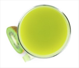 Fresh made Kiwi Smoothie isolated on white background (close-up shot, selective focus)