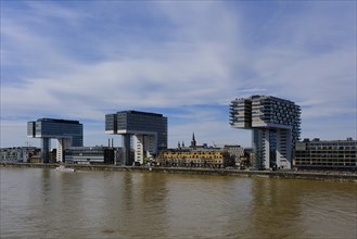 View over the Rhine with crane houses, Cologne, Germany, Europe