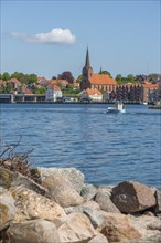 Sonderborg, Als, town of Sonderburg, St. Mary's Church, harbour promenade, fishing boat, boulders,