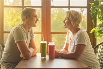 A couple sits in a café in the sunlight, drinking smoothies and chatting. Relaxed and happy