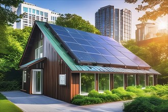 A modern house with solar cells on the roof, surrounded by green nature and skyscrapers in the