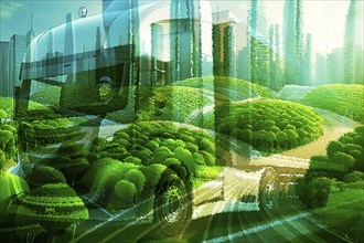 A futuristic green lorry, surrounded by plants and sustainable urban structures in a green