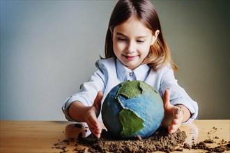 A girl forms a globe out of earth and moss as she looks curiously and smiles, AI generated, AI