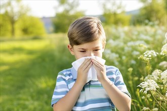 A boy in a polka dot shirt stands in a meadow of flowers and blows his nose with a handkerchief