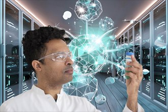 A man in a white coat with protective goggles looks at a test tube in front of a futuristic,