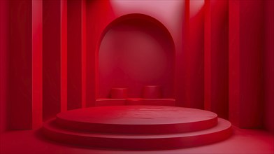 A circular stage in front of an arched backdrop bathed in solid red lighting, creating a minimalist