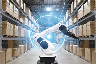 White robotic arm in a large warehouse with stacked boxes and futuristic light, AI and illustration