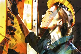 Woman with helmet operating a control box, in bright futuristic style with colourful elements, AI