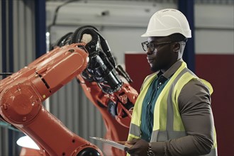 A worker wearing a helmet and safety waistcoat stands next to a large, orange-coloured robot in an