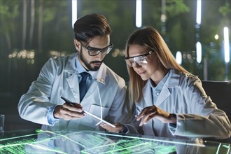 Two scientists in lab coats working intently on a touchscreen in the lab, AI and illustration