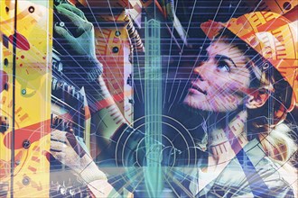 A worker in a helmet works on a control box, overlaid with graphic elements, AI and illustration