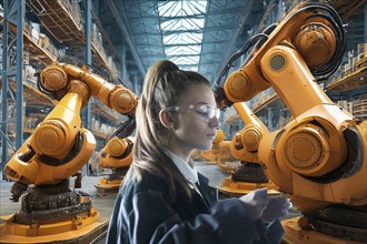 Woman with safety goggles stands in a warehouse with several industrial robot arms, AI and