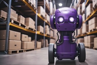 Futuristic purple robot moves in a warehouse full of cardboard boxes, AI and illustration