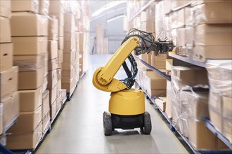 Yellow robot works in a warehouse and moves boxes on pallets, AI and illustration technology, AI