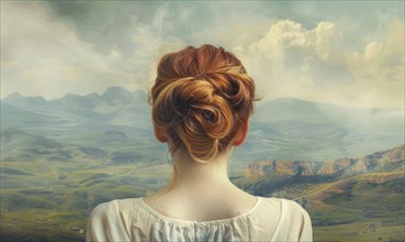 A redhead woman with her hair in a side bun with landscape on background, back view, AI generated