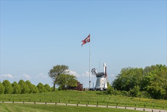 Dybbol Molle, Düppel Mill, Memorial to the German-Danish War of 1864, Dannebrog flag, path, meadow,