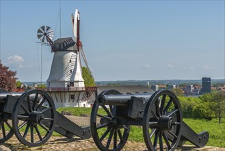 Dybbol Molle, Düppel Mill, Memorial to the German-Danish War of 1864, cannons, view of Sonderburg,