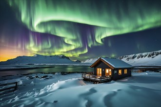 Aurora borealis illuminating snow covered fjord landscape with a wooden cabin in vibrant hues, AI