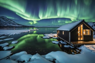 Aurora borealis illuminating snow covered fjord landscape with a wooden cabin in vibrant hues, AI