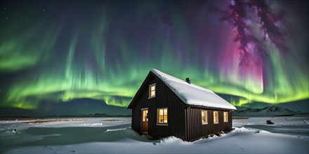 Aurora borealis illuminating snow covered fjord landscape with a wooden cabin in vibrant hues, AI