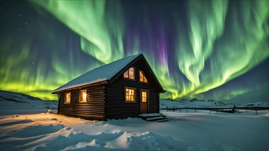Aurora borealis illuminating snow covered fjord landscape with a wooden cabin in vibrant hues, AI