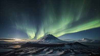 Aurora borealis illuminating snow covered fjord landscape in vibrant hues, AI generated