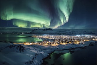 Aurora borealis illuminating snow covered fjord landscape in vibrant hues, AI generated