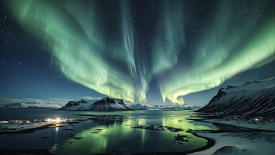 Aurora borealis illuminating snow covered fjord landscape in vibrant hues, AI generated