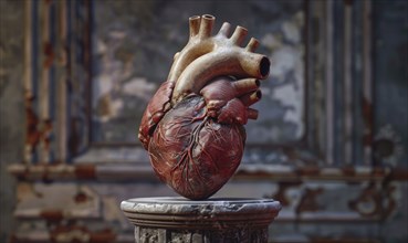 Realistic model of a human heart on a stone pedestal AI generated