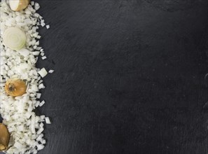 Some White Onions (dices) on a slate slab as detailed close-up shot, selective focus