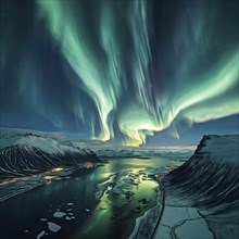 Aurora borealis illuminating snow covered fjord landscape in vibrant hues, AI generated