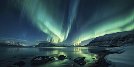 Aurora borealis illuminating snow covered fjord landscape in vibrant hues, AI generated
