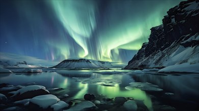 Aurora borealis illuminating snow covered fjord landscape in vibrant hues, AI generated