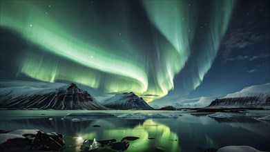 Aurora borealis illuminating snow covered fjord landscape in vibrant hues, AI generated