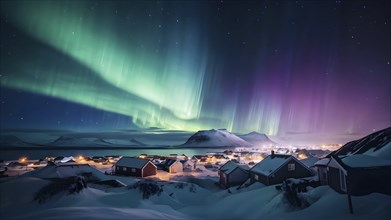 Aurora borealis illuminating snow covered fjord landscape in vibrant hues, AI generated