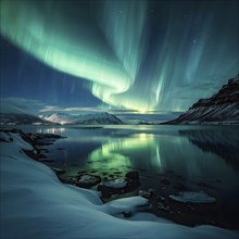 Aurora borealis illuminating snow covered fjord landscape in vibrant hues, AI generated