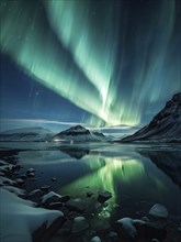Aurora borealis illuminating snow covered fjord landscape in vibrant hues, AI generated