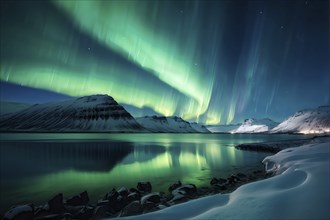 Aurora borealis illuminating snow covered fjord landscape in vibrant hues, AI generated