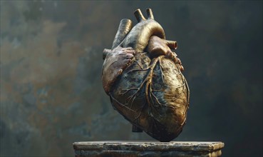 Realistic model of a human heart on a stone pedestal AI generated