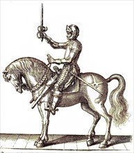 Cuirassier of the Thirty Years' War, horseman with armour and horse, digital reproduction of an