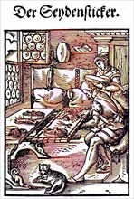 Der Seydensticker, Seidensticker, woodcut from the, Das Staendebuch, a famous series of woodcuts of