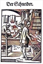 The Tailor, woodcut from the, Das Staendebuch, a famous series of woodcuts of the craft of Amman,