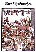 The Shoemaker, woodcut from the, Das Staendebuch, a famous series of woodcuts of the craft of