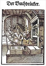 The printer, woodcut from the, Das Staendebuch, a famous series of woodcuts of the craft of Amman,