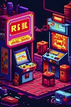 Pixel art illustration of a classic arcade game scene with characters navigating through obstacles,