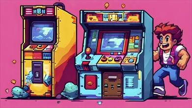 Pixel art illustration of a classic arcade game scene with characters navigating through obstacles,