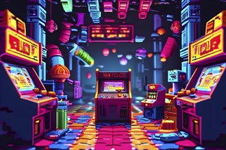 Pixel art illustration of a classic arcade game scene with characters navigating through obstacles,