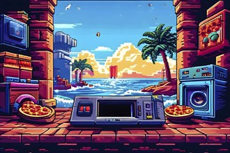 Pixel art illustration of a classic arcade game scene with characters navigating through obstacles,