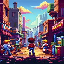 Pixel art illustration of a classic arcade game scene with characters navigating through obstacles,