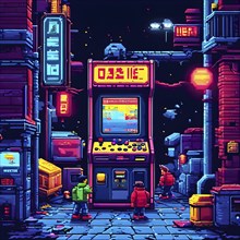 Pixel art illustration of a classic arcade game scene with characters navigating through obstacles,